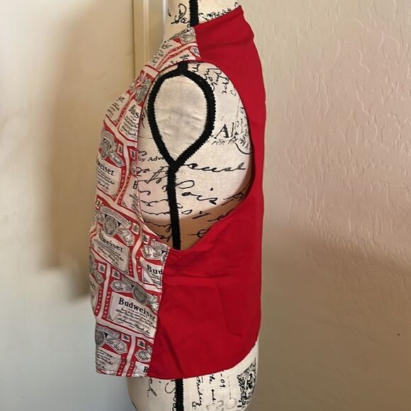 Vintage Budweiser Beer Red White Allover Print Reversible Button Closure Vest - Picture 2 of 11